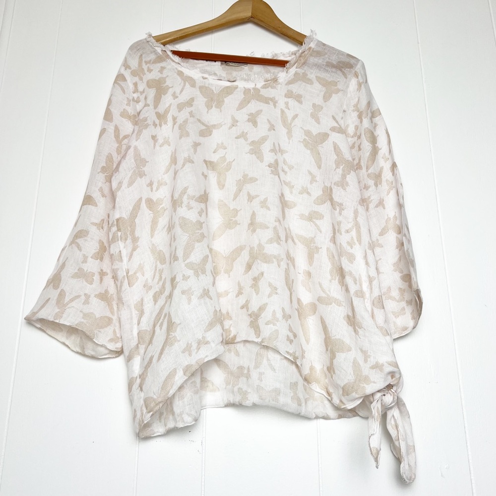 Puro Lino 100% Linen Pale Pink Taupe Butterfly Print Lagenlook Side Tie Blouse